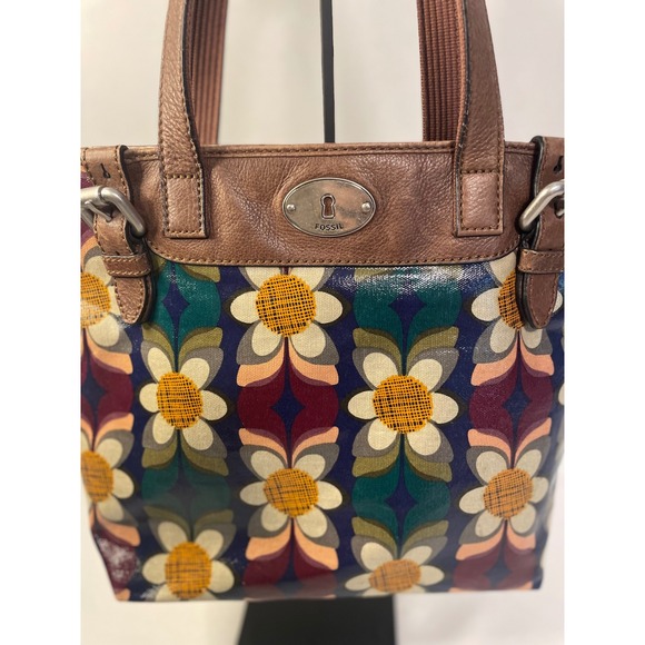 Fossil Handbags - Fossil Key-Per Retro Floral Coated Canvas Tote Brown Leather Trim Multi-Color